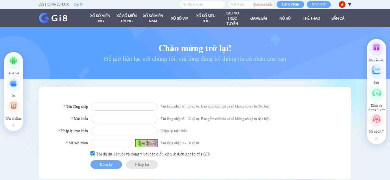 Form mẫu đăng ký tài khoản Gi8 lô đề online giao diện đăng ký tài khoản