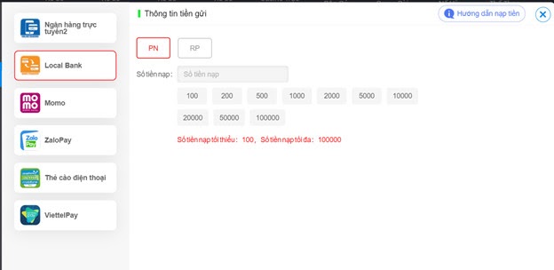 Chọn hình thức giao dịch qua Local Bank lô đề online giao diện nạp tiền gi8