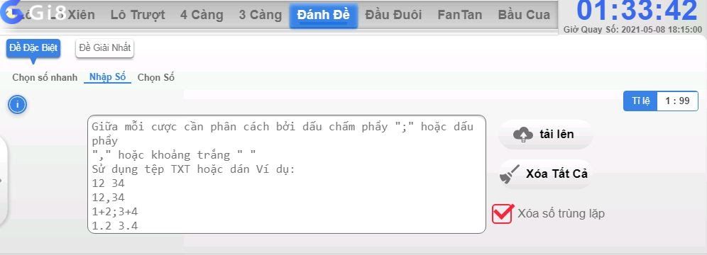 Giao diện nhập số các cách chơi số đề Gi88