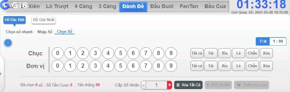 Giao diện chọn số Các cách chơi số đề Gi88