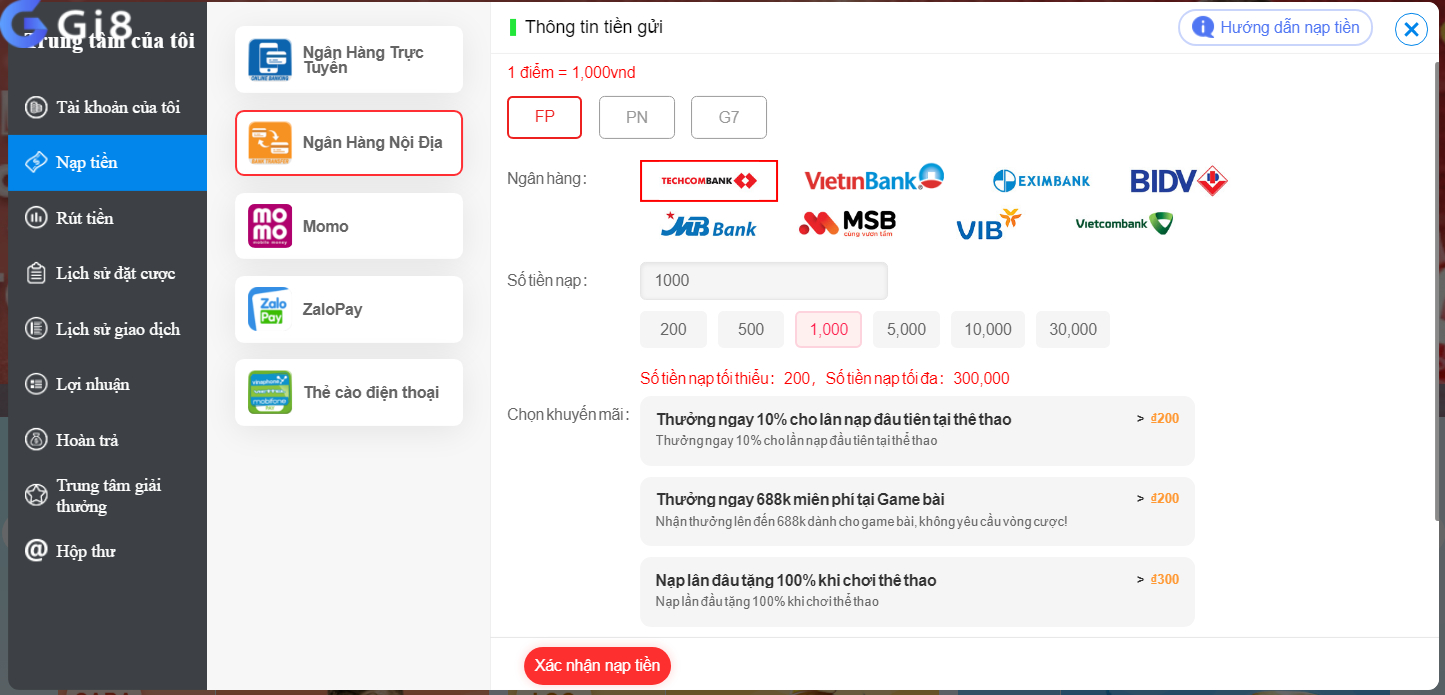 Nạp tiền được hỗ trợ rất đầy đủ tại Gi8 Hướng dẫn rút và nạp tiền Gi8