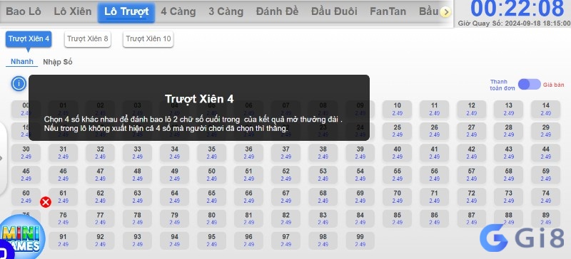 Người chơi chọn 4 con số có 2 chữ số từ 00 đến 99 Người chơi chọn 4 con số có 2 chữ số từ 00 đến 99